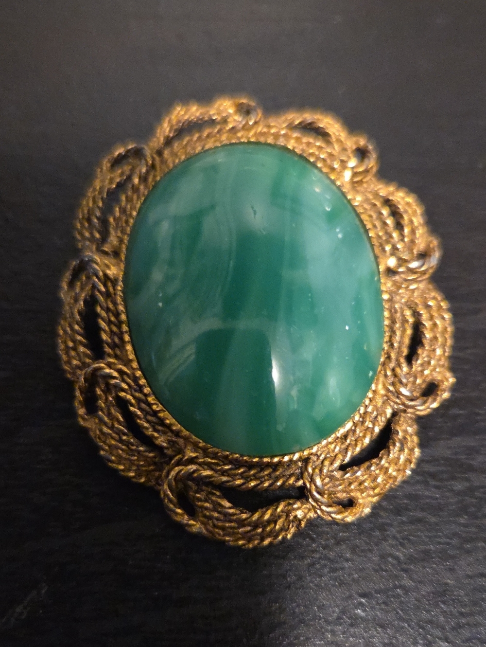 Vintage Gold-Tone Brooch with Green Art Glass Cabochon